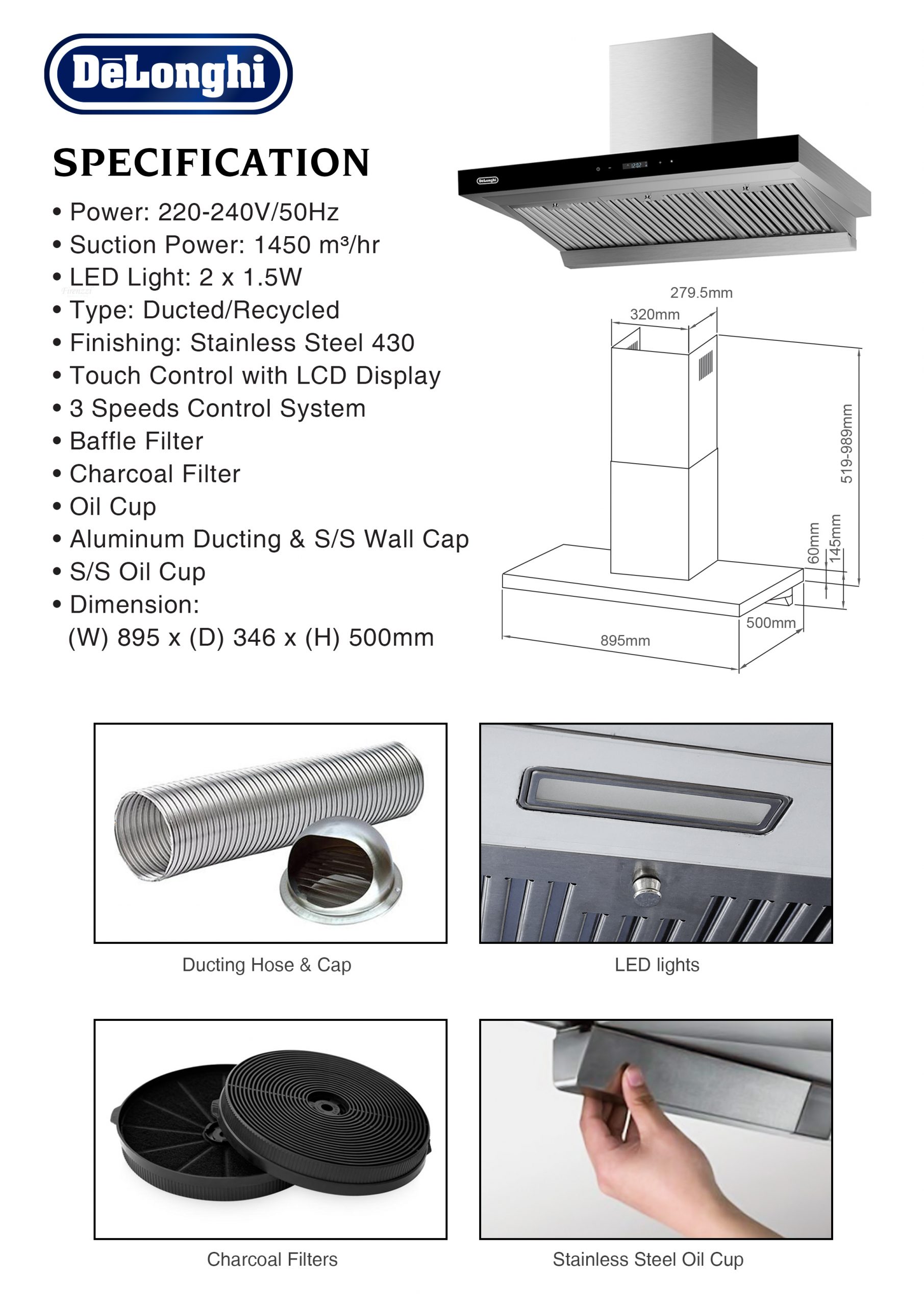 Delonghi 90CM Cooker Hood 1450 m³/hr - Image 7