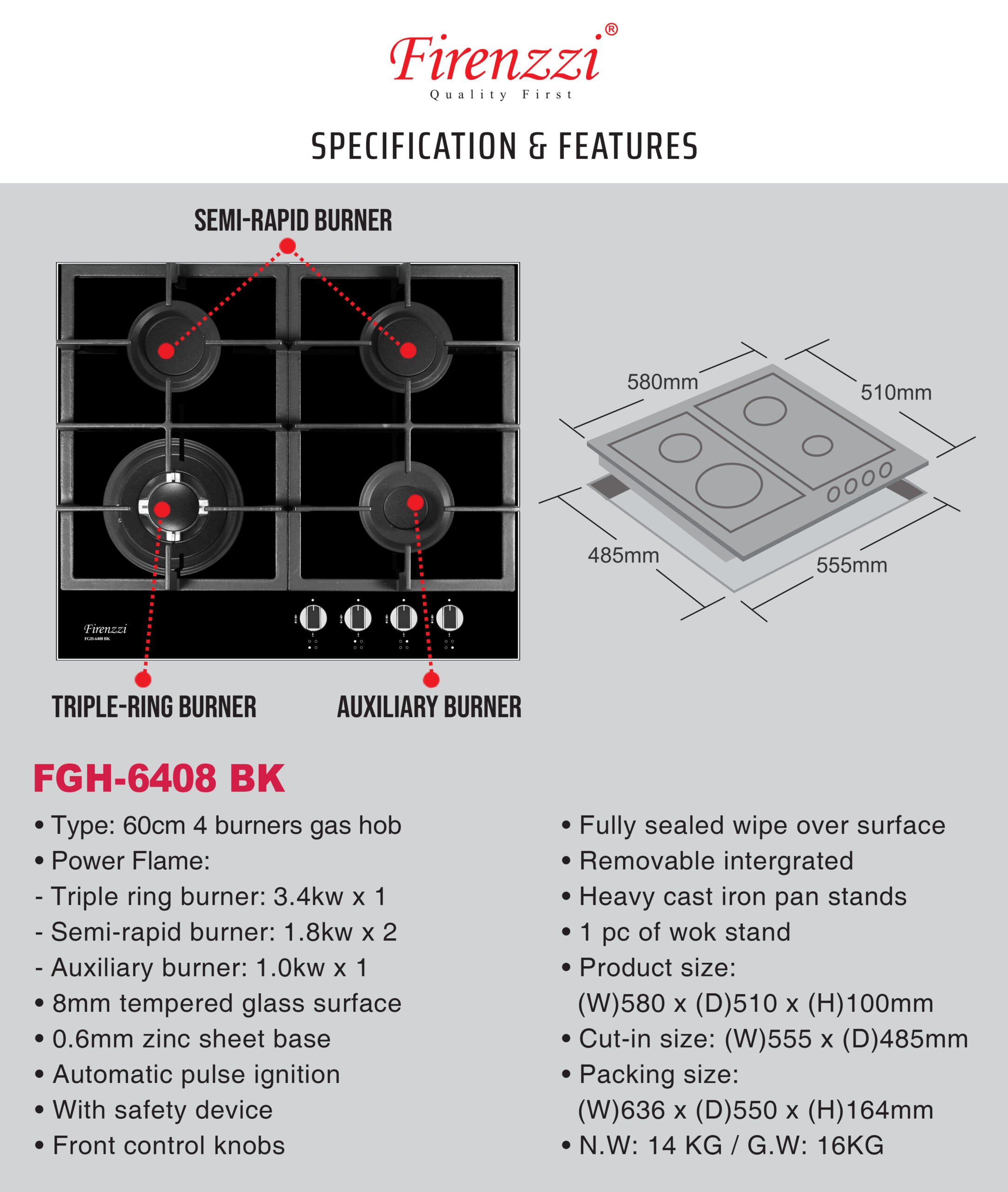 Firenzzi 60cm Power Gas Stove - Image 2