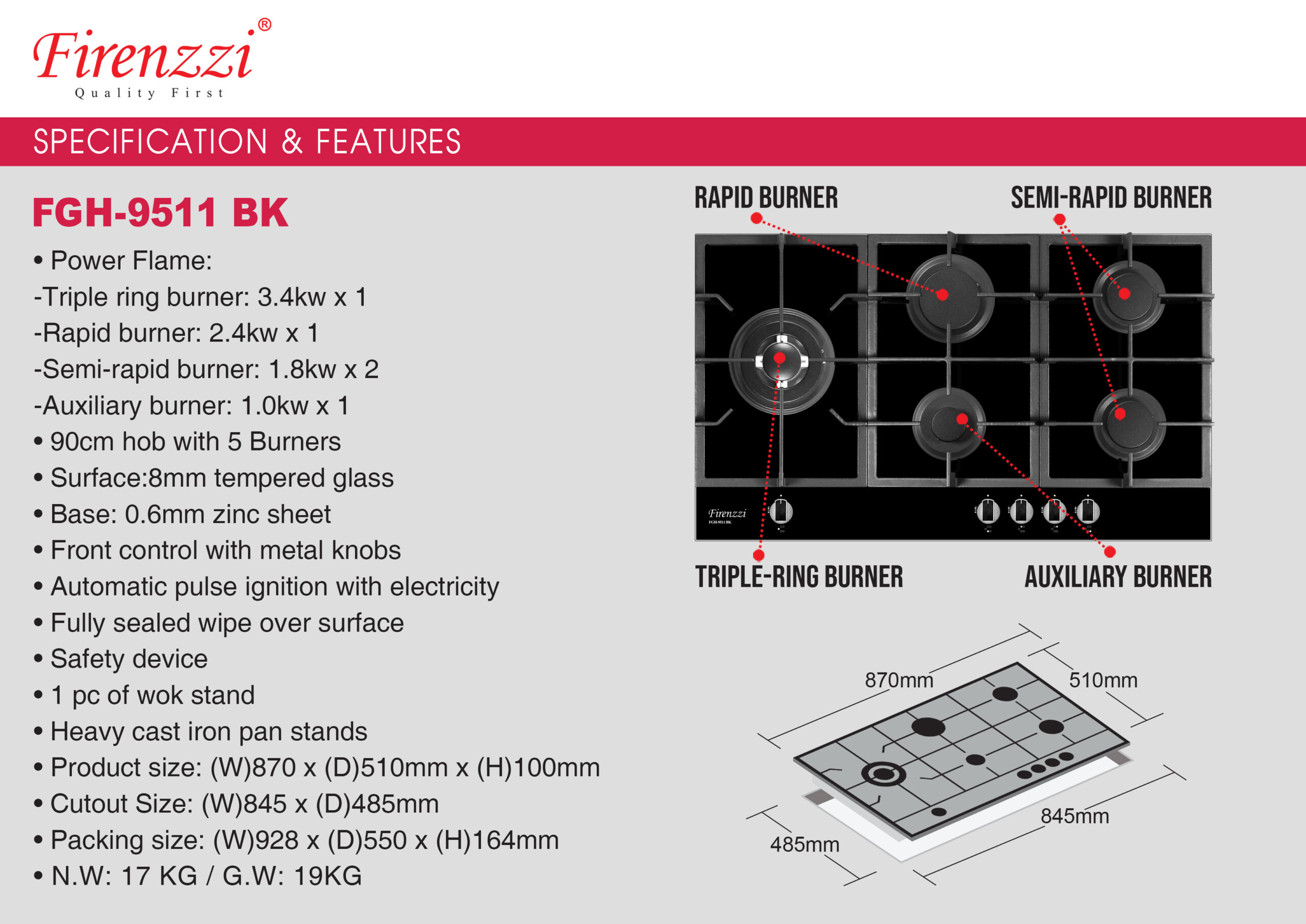 Firenzzi The Aesthetic Series 5 Burners Built- in Gas Hob - Image 2