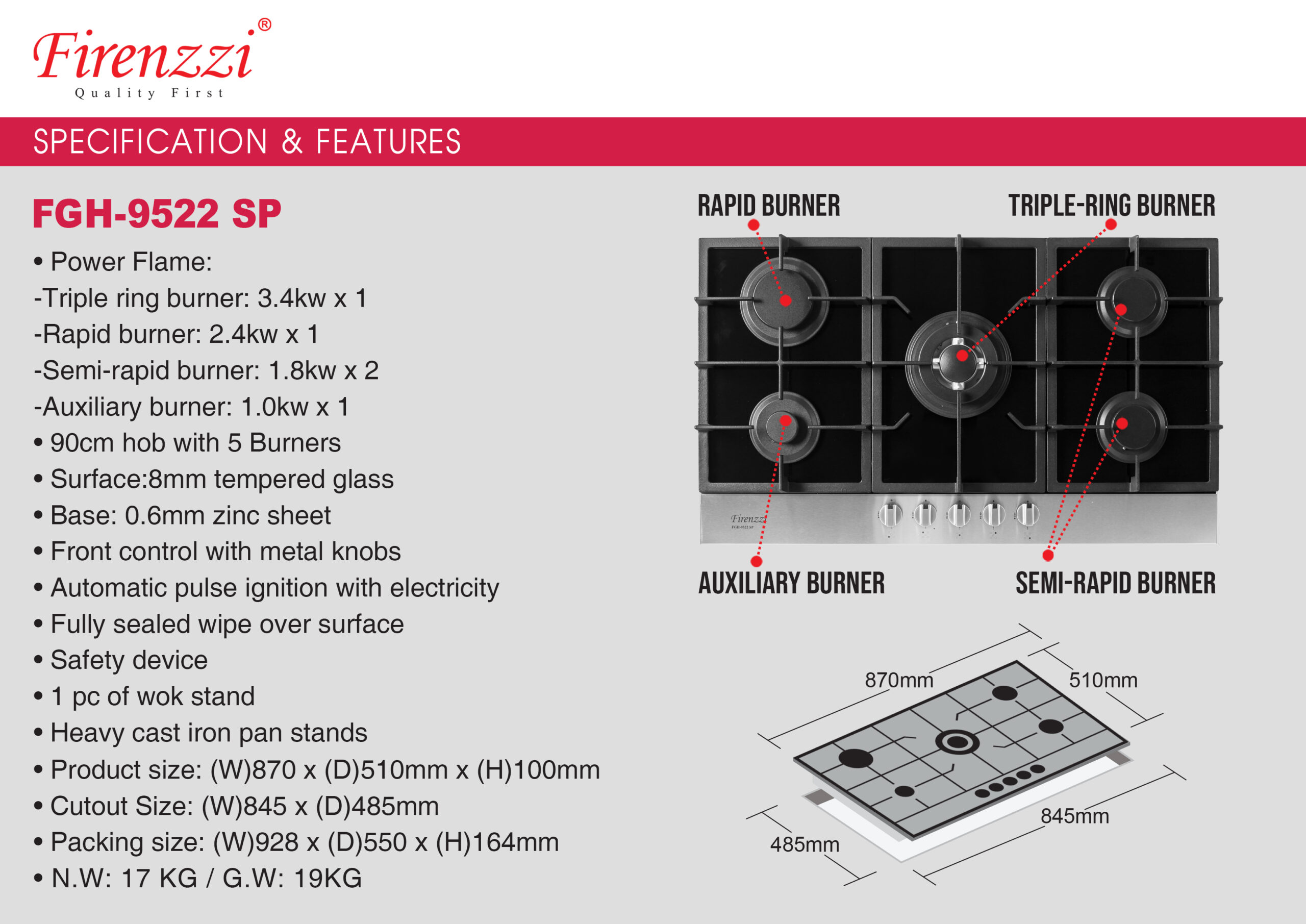 Firenzzi 90cm 5 Burners Built- in Gas Hob - Image 2
