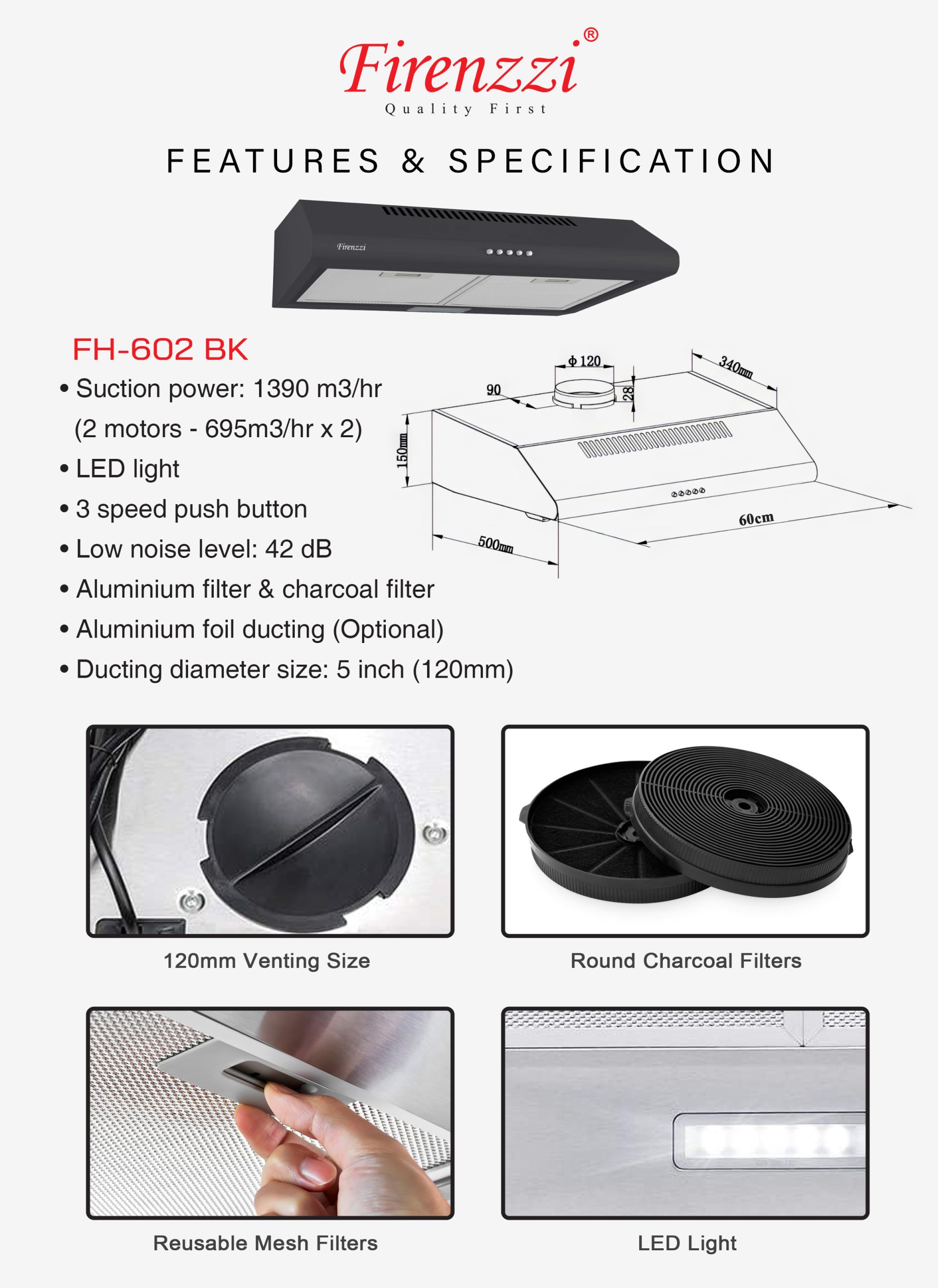 Firenzzi 1390m3/hr Slim Hood - Image 2