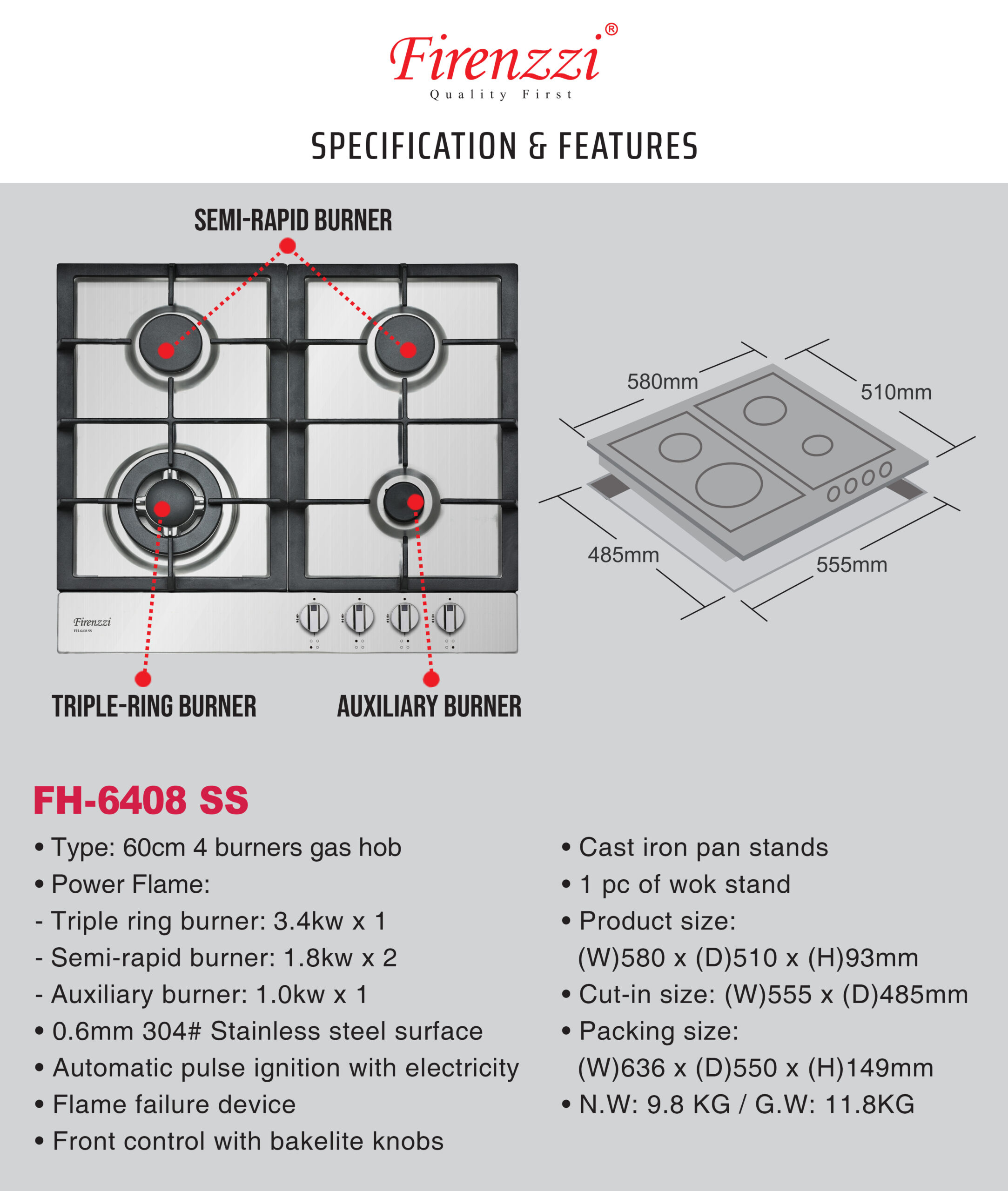 Firenzzi 60cm 4 Burners Stainless-Steel Gas Hob - Image 2
