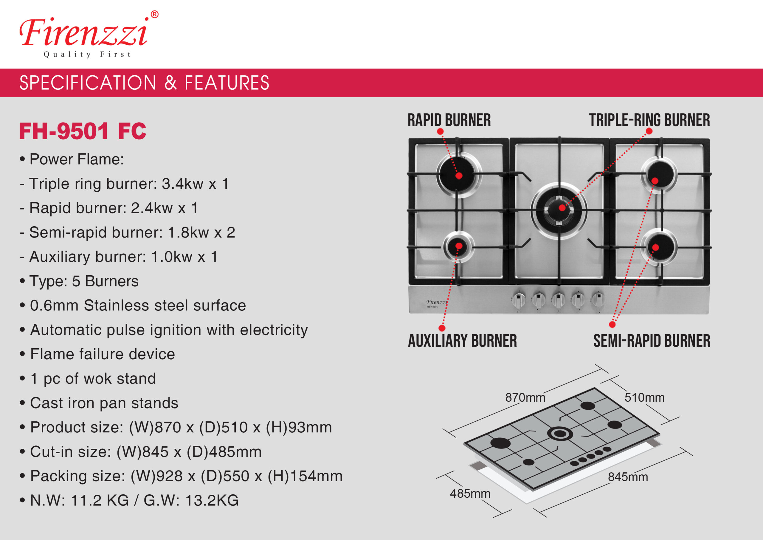 Firenzzi 5 Burner Built- in Gas Hob - Image 2