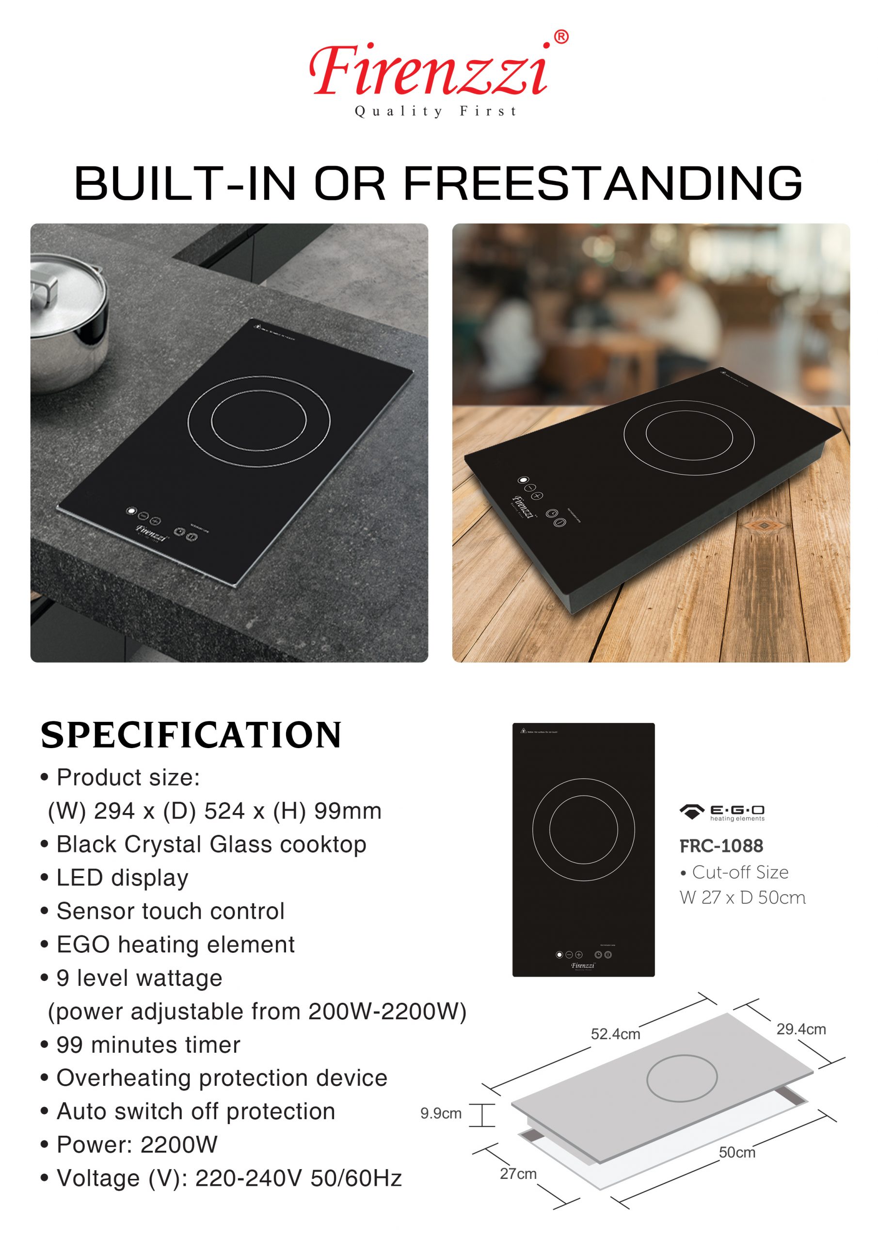 Firenzzi 30cm Domino Freestanding/Built- in Ceramic Hob - Image 2