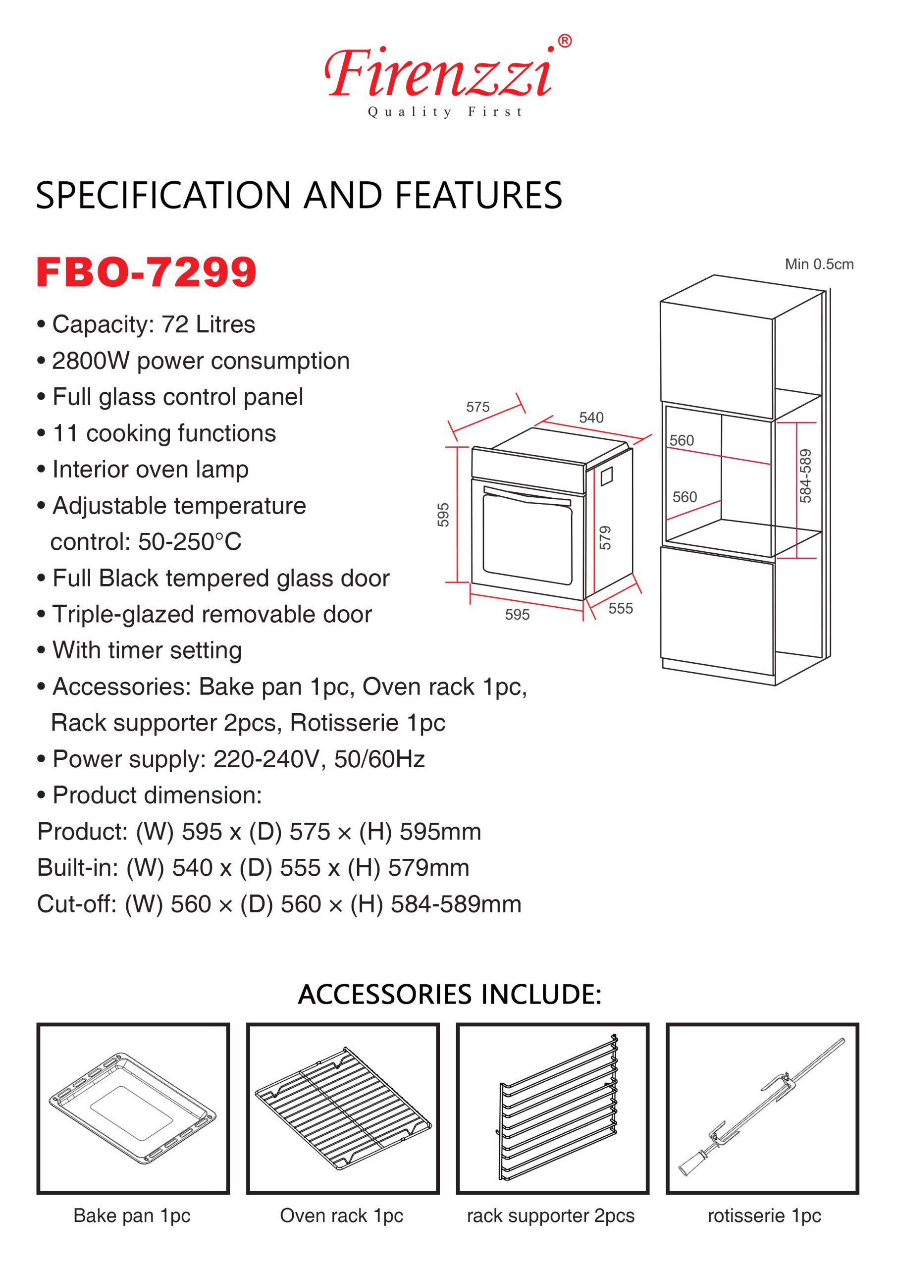 Firenzzi 72L Large Capacity Built-in Oven - Image 2