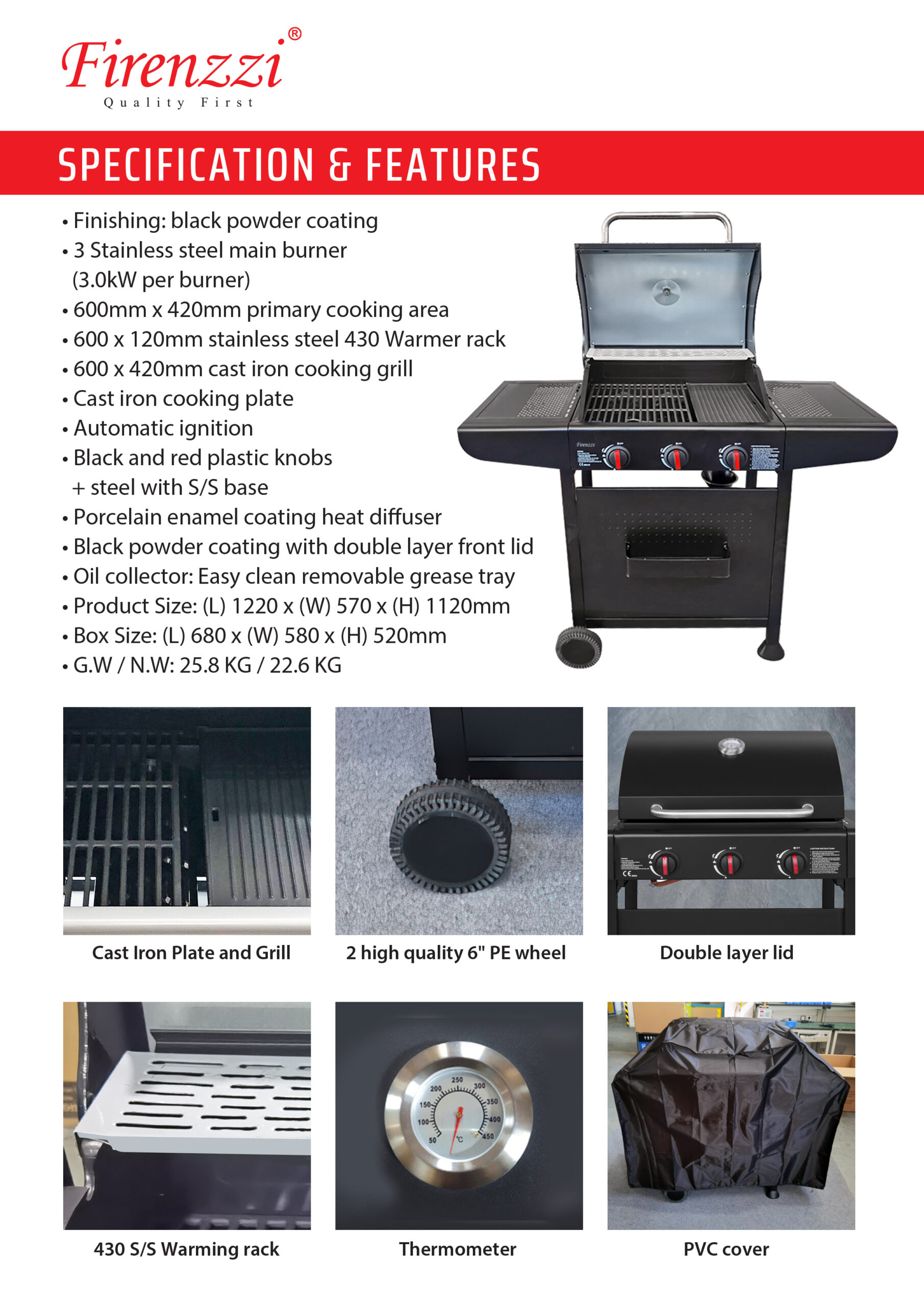 Firenzzi 3 Burners Free Standing BBQ Expert Grill - Image 2