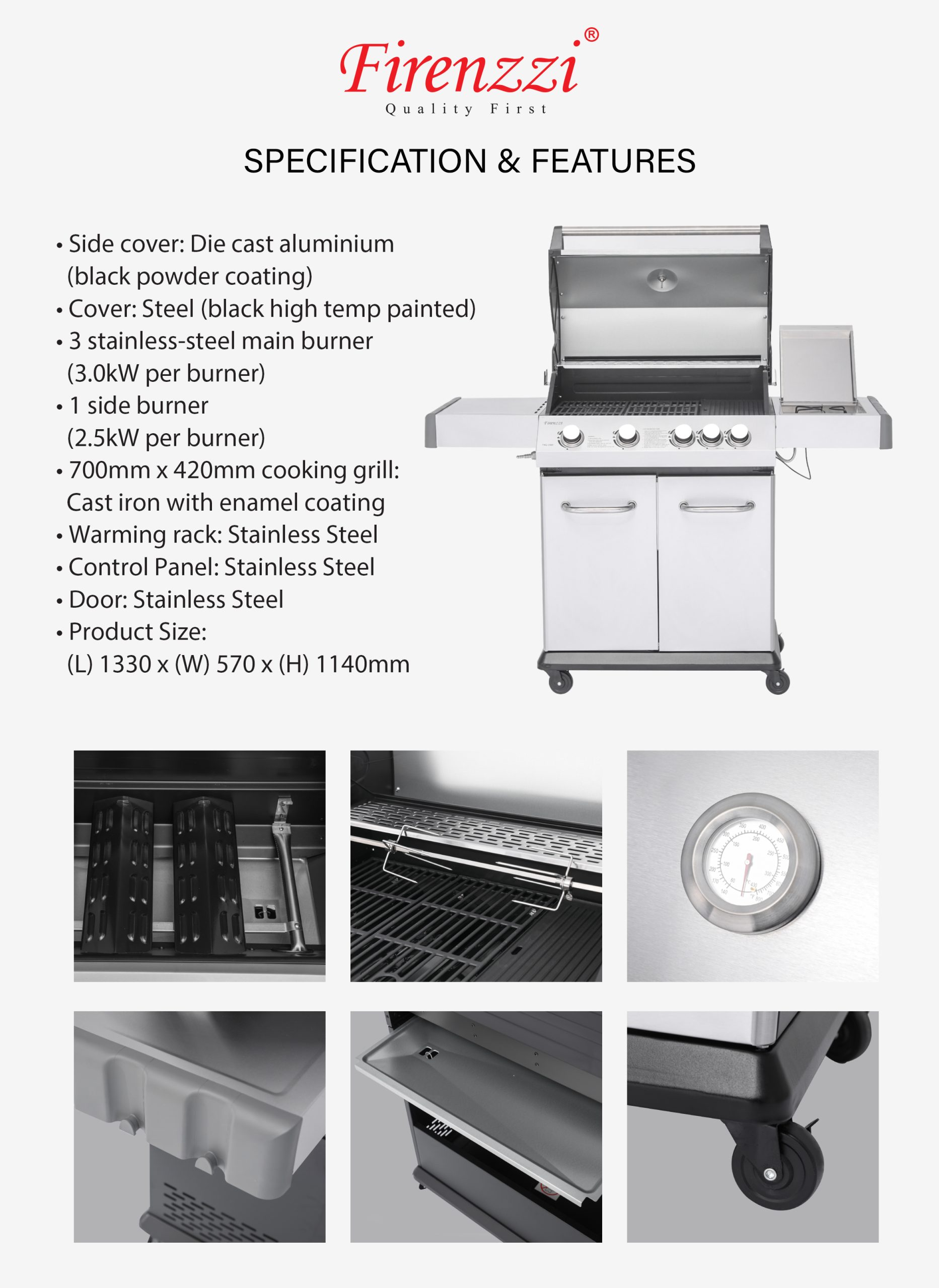 Firenzzi 4 Burners + 1 Side Burner Free Standing BBQ Expert Grill - Image 2