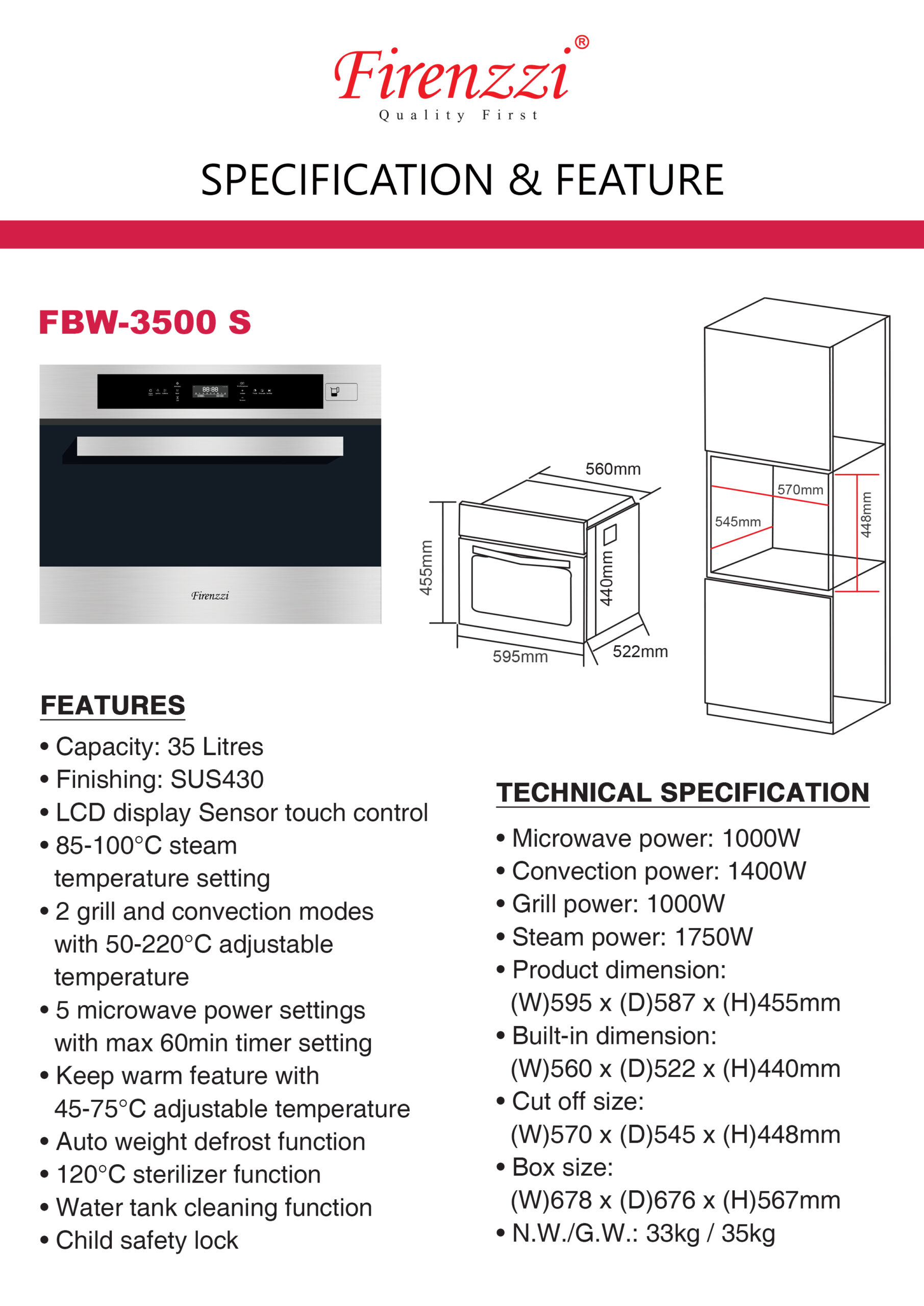 Firenzzi 35L Built-in Microwave Oven With Steamer - Image 2