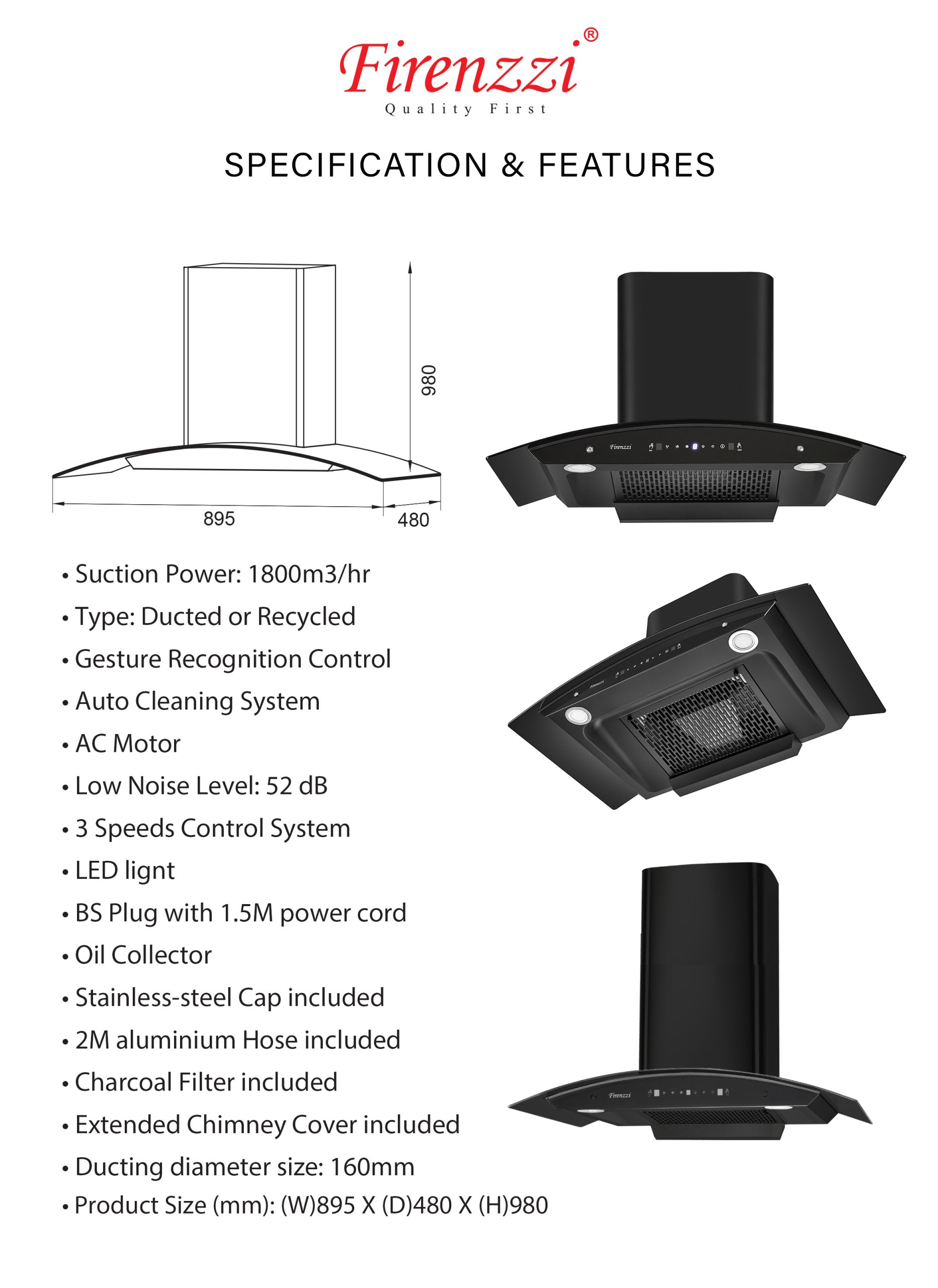 Firenzzi 1800m3/hr High Suction Power of Cooker Hood - Image 4