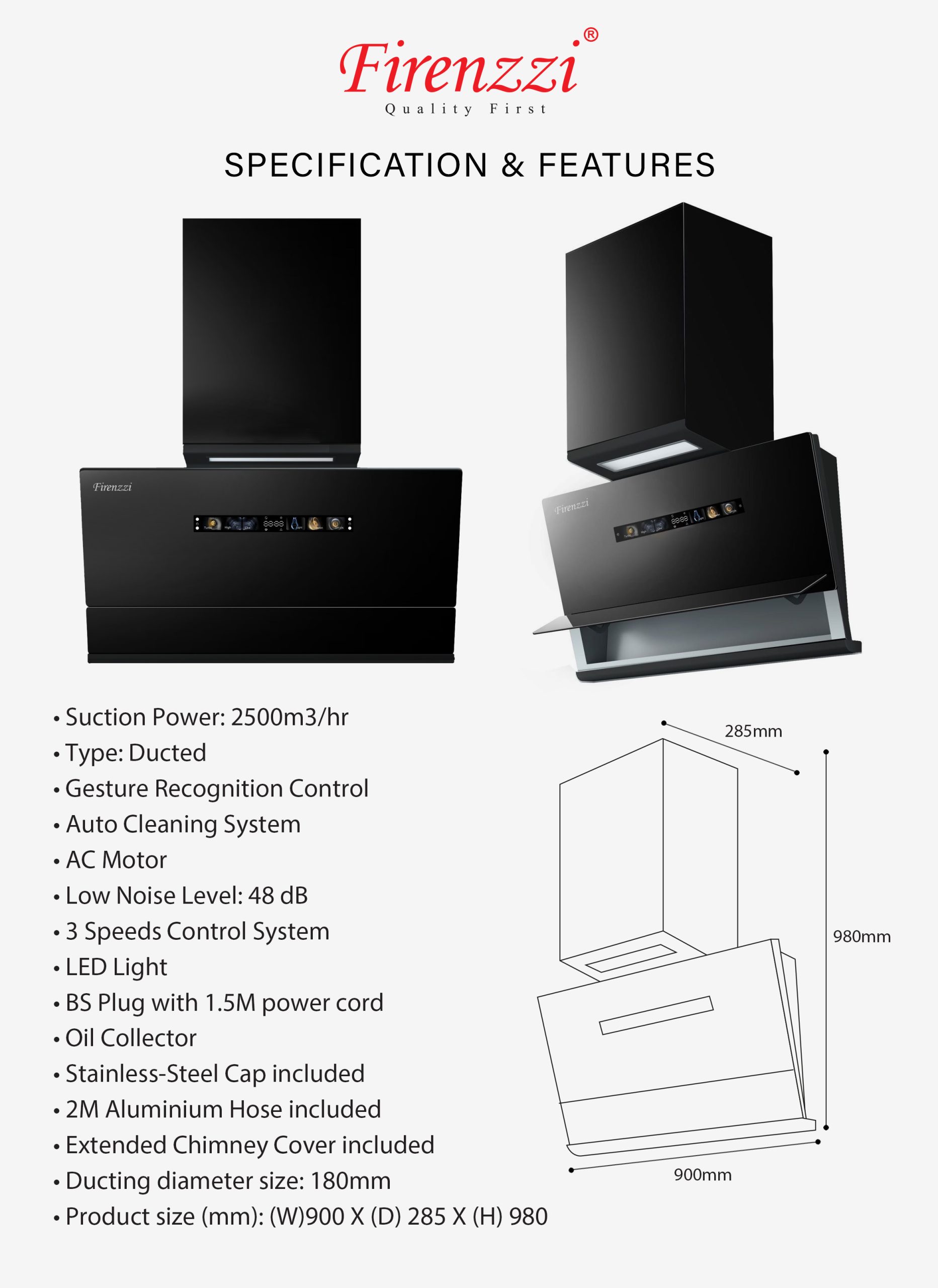 Firenzzi Super High Suction Power Designer Cooker Hood - Image 2