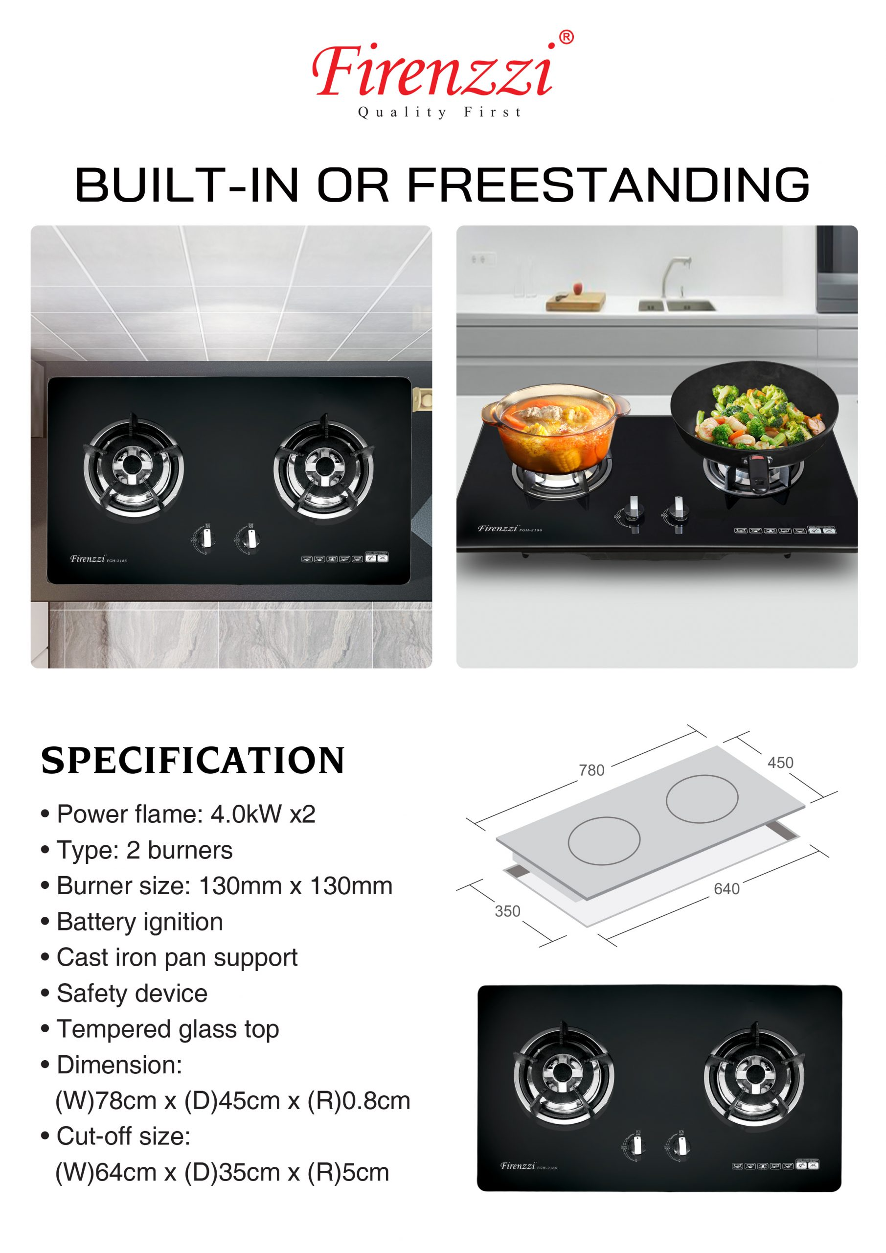 Firenzzi Gas Hob 2 Burners - Image 2