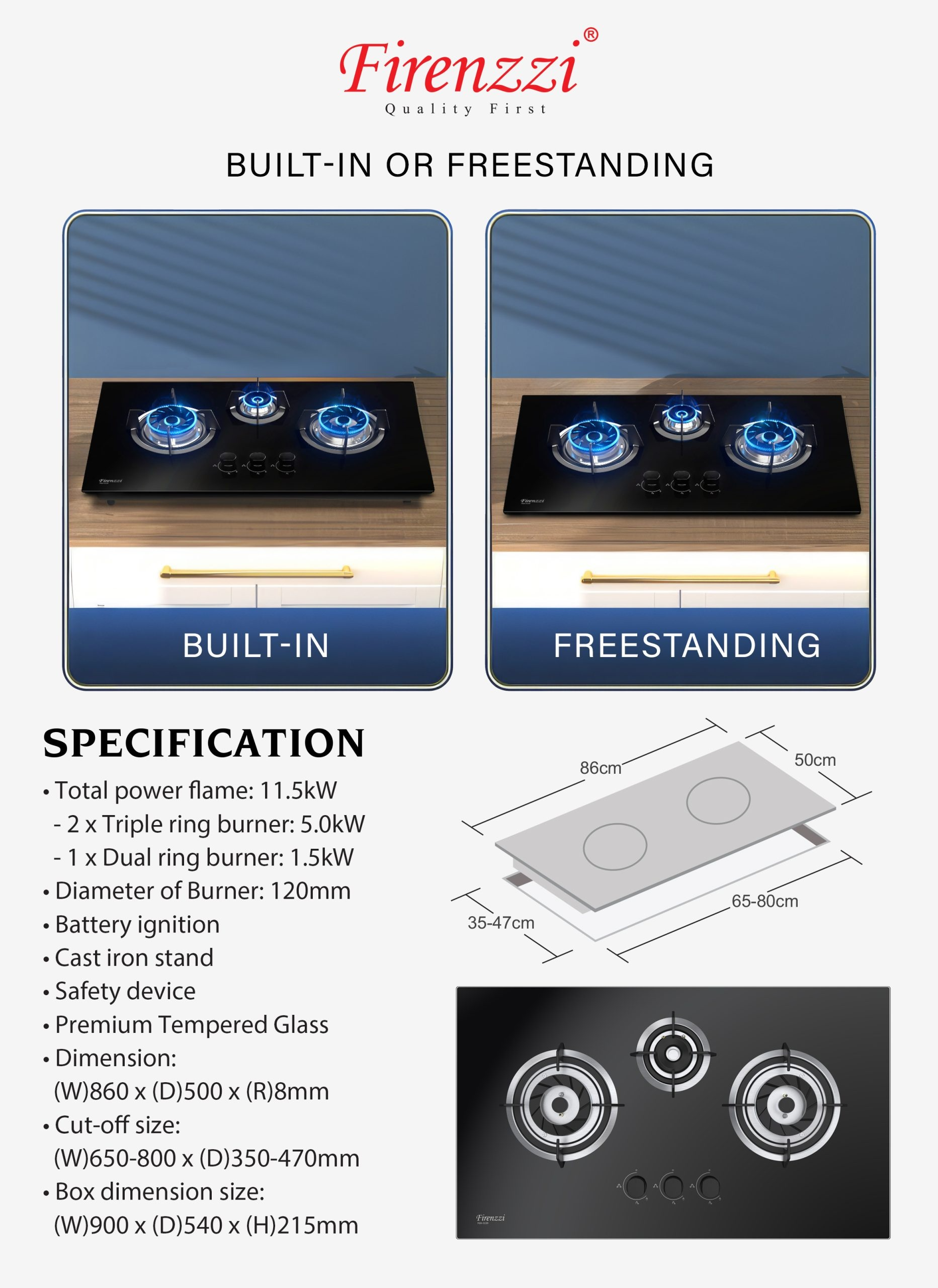 Firenzzi 3 Burners Glass Hob - Image 2