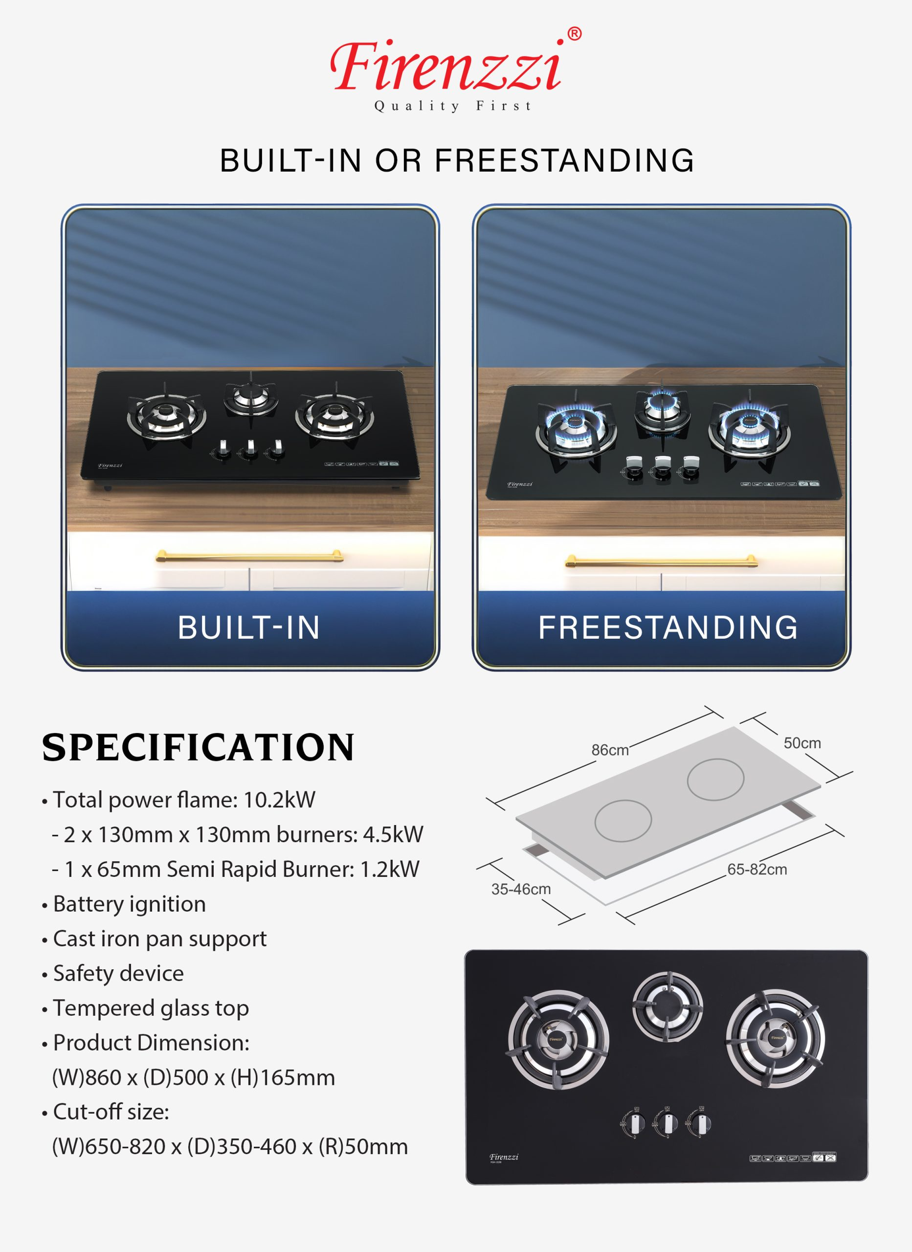 Firenzzi 3 Burners Flexi Size Glass Hob - Image 2