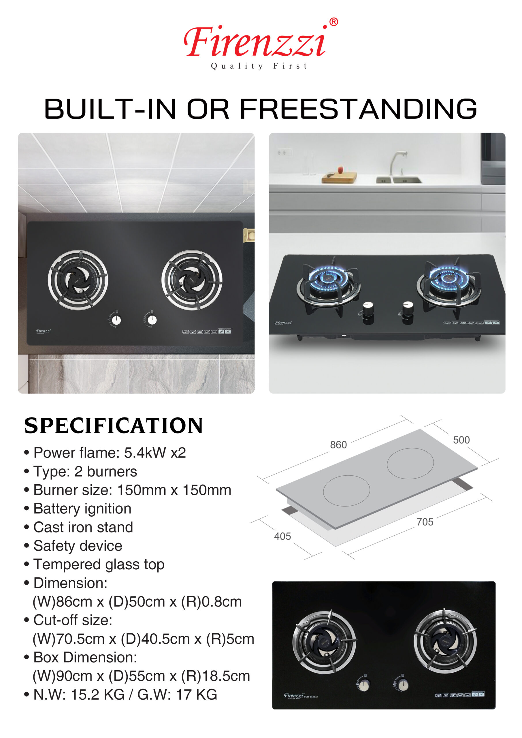Firenzzi 2 Burners Glass Hob - Image 2
