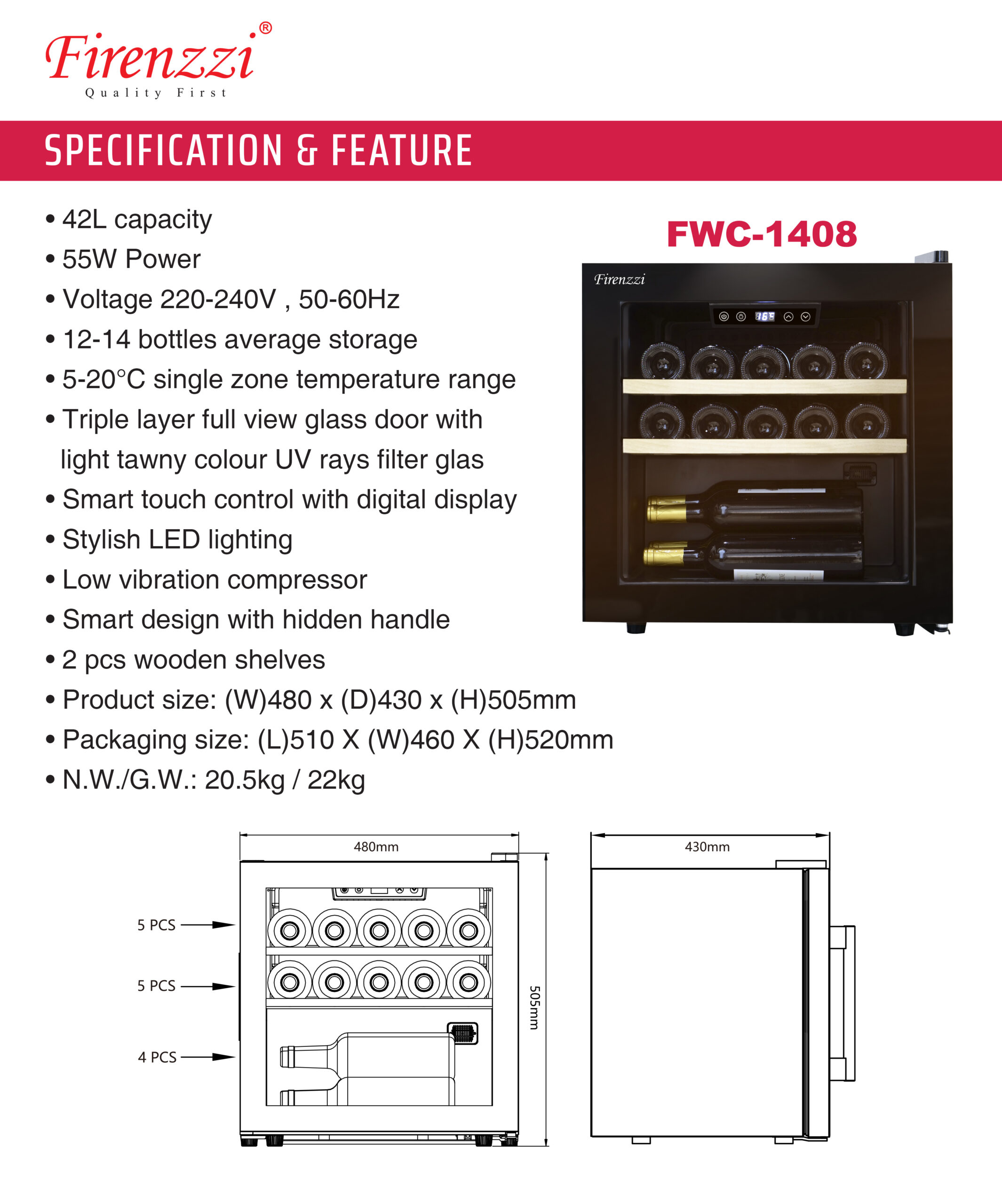 Firenzzi 42L SIingle Temperature Zone Wine Chiller - Image 2