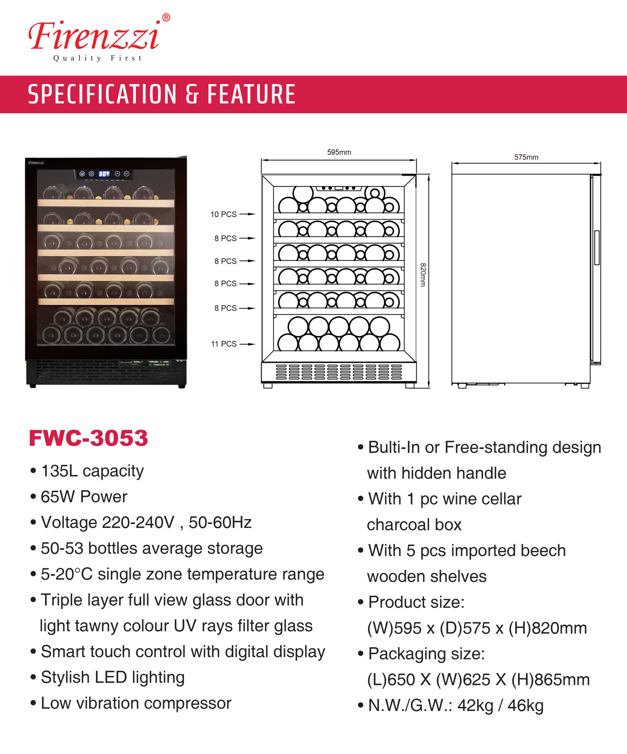 Firenzzi 135L SIingle Temperature Zone Wine Chiller - Image 2